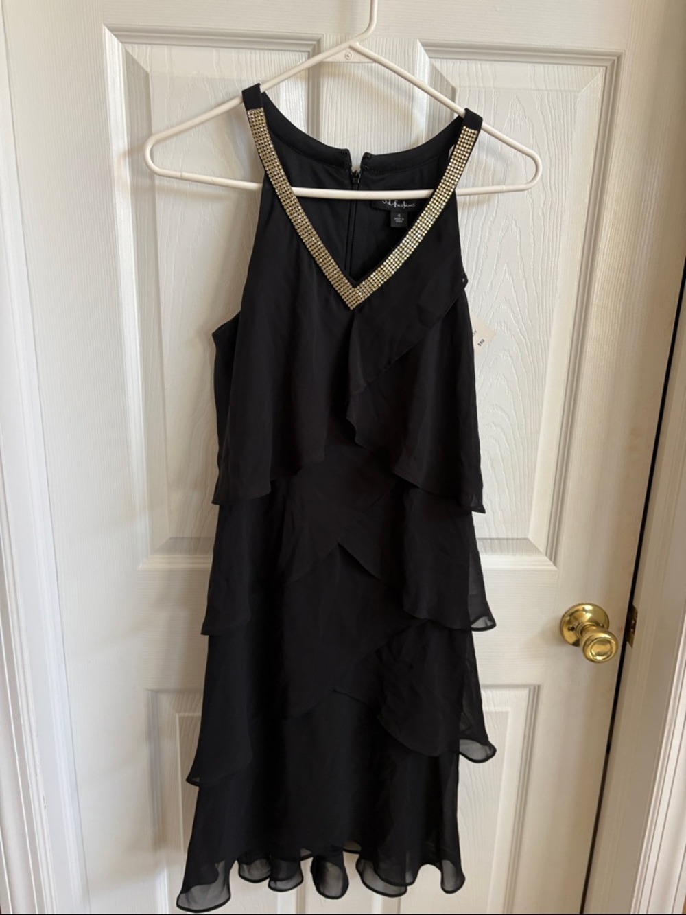 SL Fashions Black Midi Dress with Gold Beaded V-Neckline